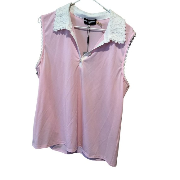Karl Lagerfeld Blouse Lace Top Women's L Pink Sleeveless Spread Collar Polyester - Picture 1 of 5